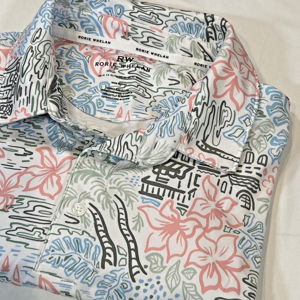 Rorie Whelan Men's Golf Polo Shirt‎ Sz XL Tropical Print Dry Wicking Golf